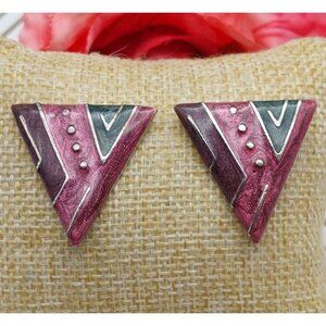 Oops a Daisy Purple Enamel Triangle 80's Earrings Pierced Art Deco 1.25"